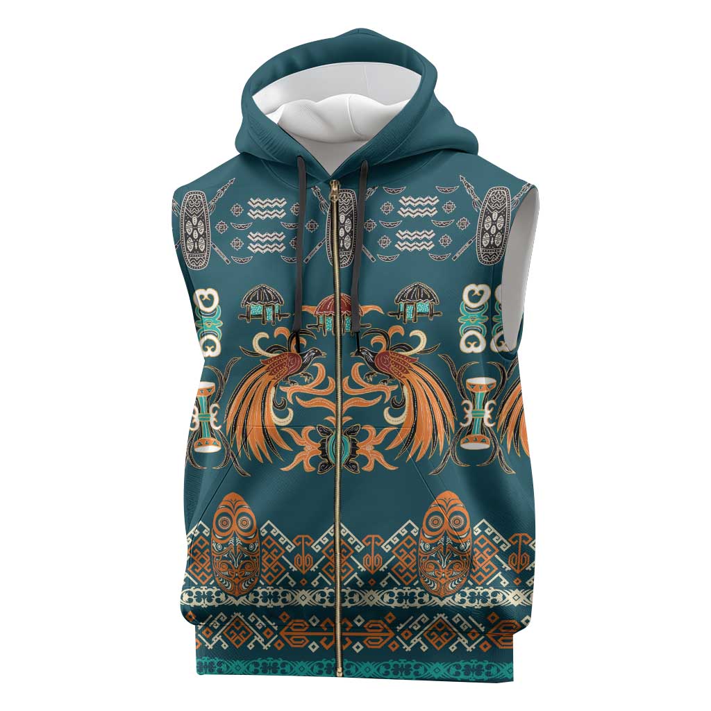 Dark Cyan Blue Batik Papua-inspired Pattern Sleeveless Zip Hoodie - Polynesian Pride