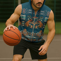 Dark Cyan Blue Batik Papua-inspired Pattern Sleeveless Zip Hoodie - Polynesian Pride