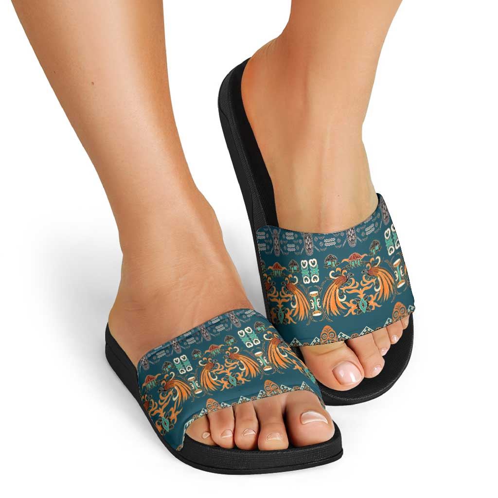 Dark Cyan Blue Batik Papua-inspired Pattern Slide Sandals - Polynesian Pride