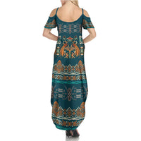 Dark Cyan Blue Batik Papua-inspired Pattern Summer Maxi Dress - Polynesian Pride