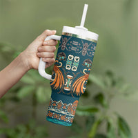 Dark Cyan Blue Batik Papua-inspired Pattern Tumbler With Handle - Polynesian Pride