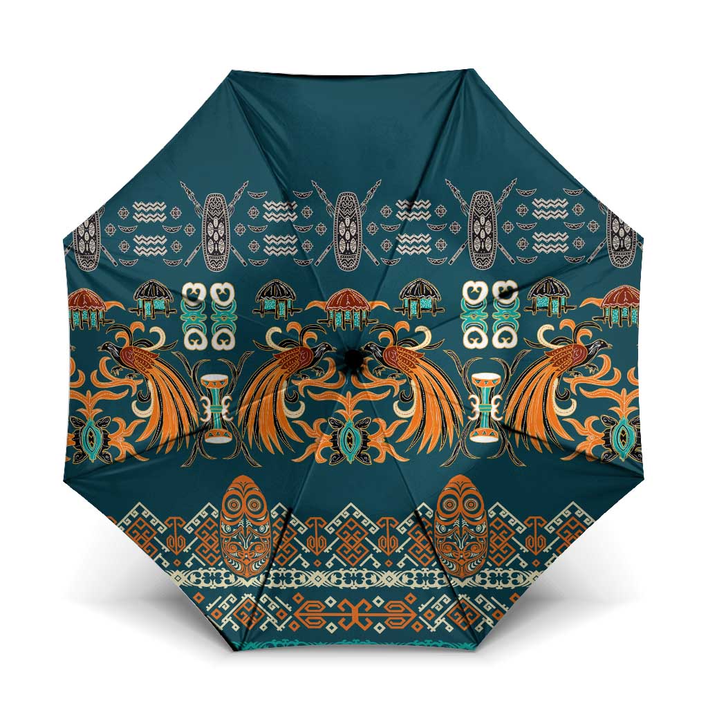 Dark Cyan Blue Batik Papua-inspired Pattern Umbrella - Polynesian Pride