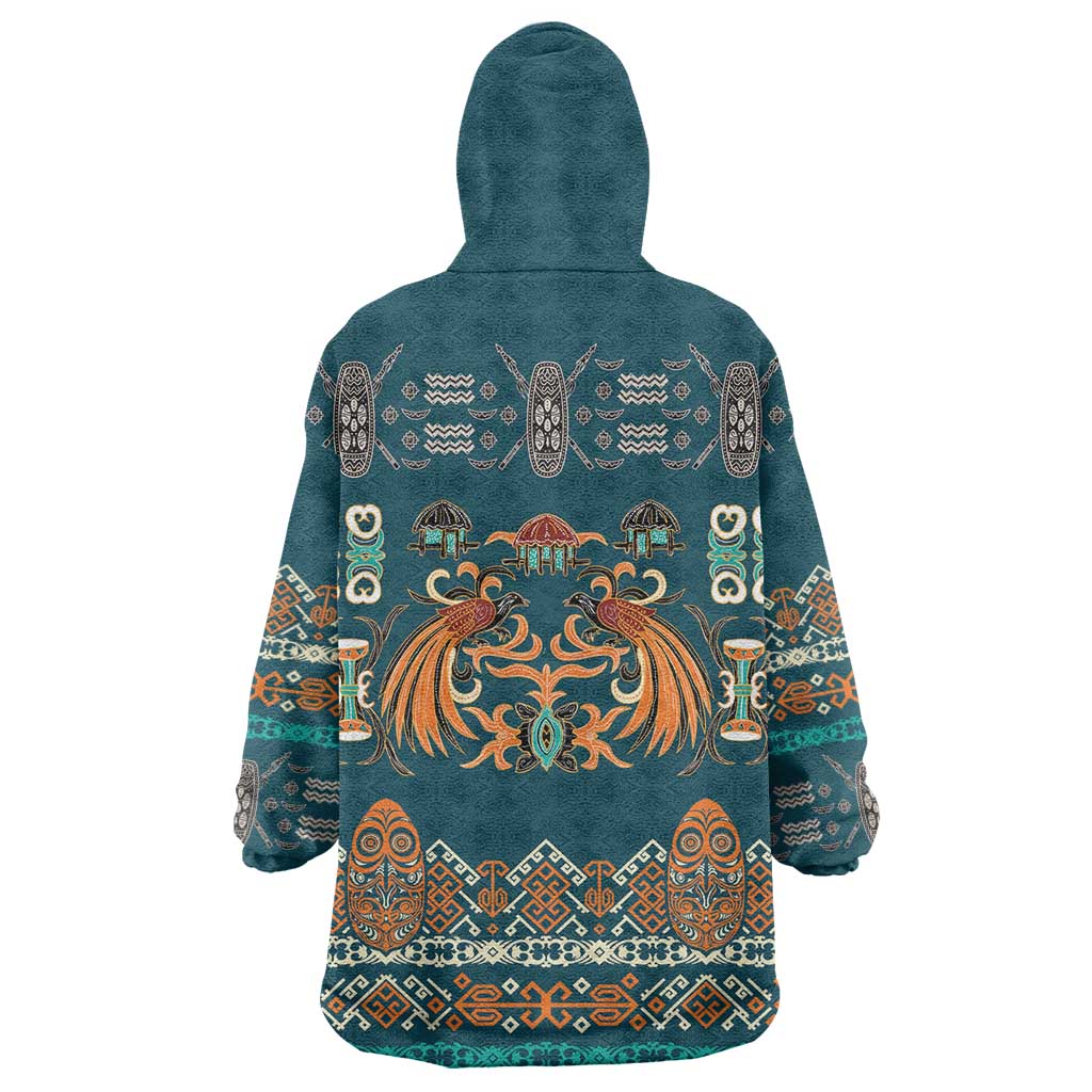 Dark Cyan Blue Batik Papua-inspired Pattern Wearable Blanket Hoodie - Polynesian Pride