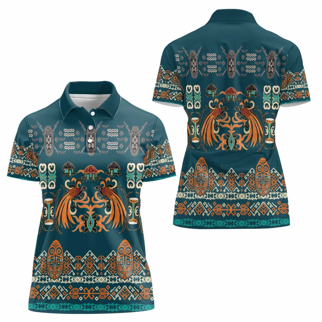 Dark Cyan Blue Batik Papua-inspired Pattern Women Polo Shirt - Polynesian Pride