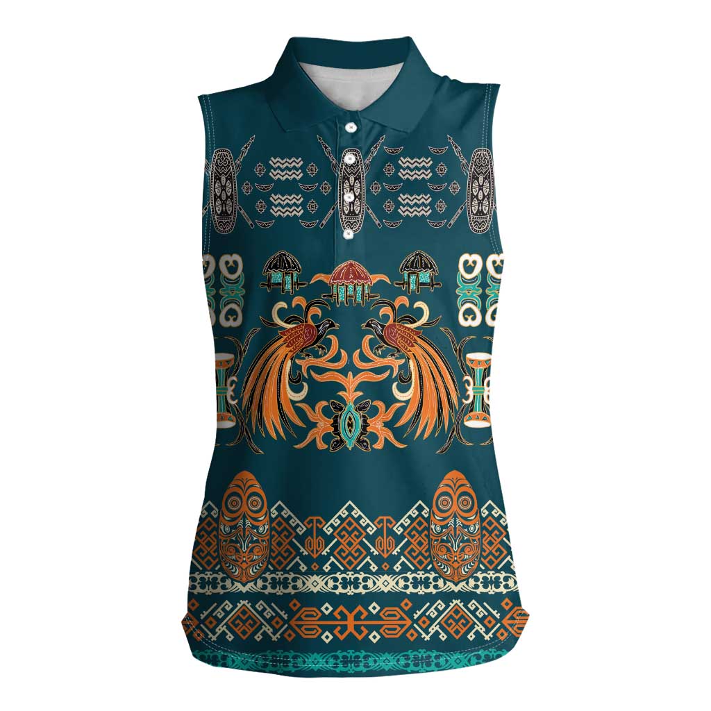 Dark Cyan Blue Batik Papua-inspired Pattern Women Sleeveless Polo Shirt LT9 Female Blue - Polynesian Pride