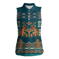 Dark Cyan Blue Batik Papua-inspired Pattern Women Sleeveless Polo Shirt LT9 Female Blue - Polynesian Pride