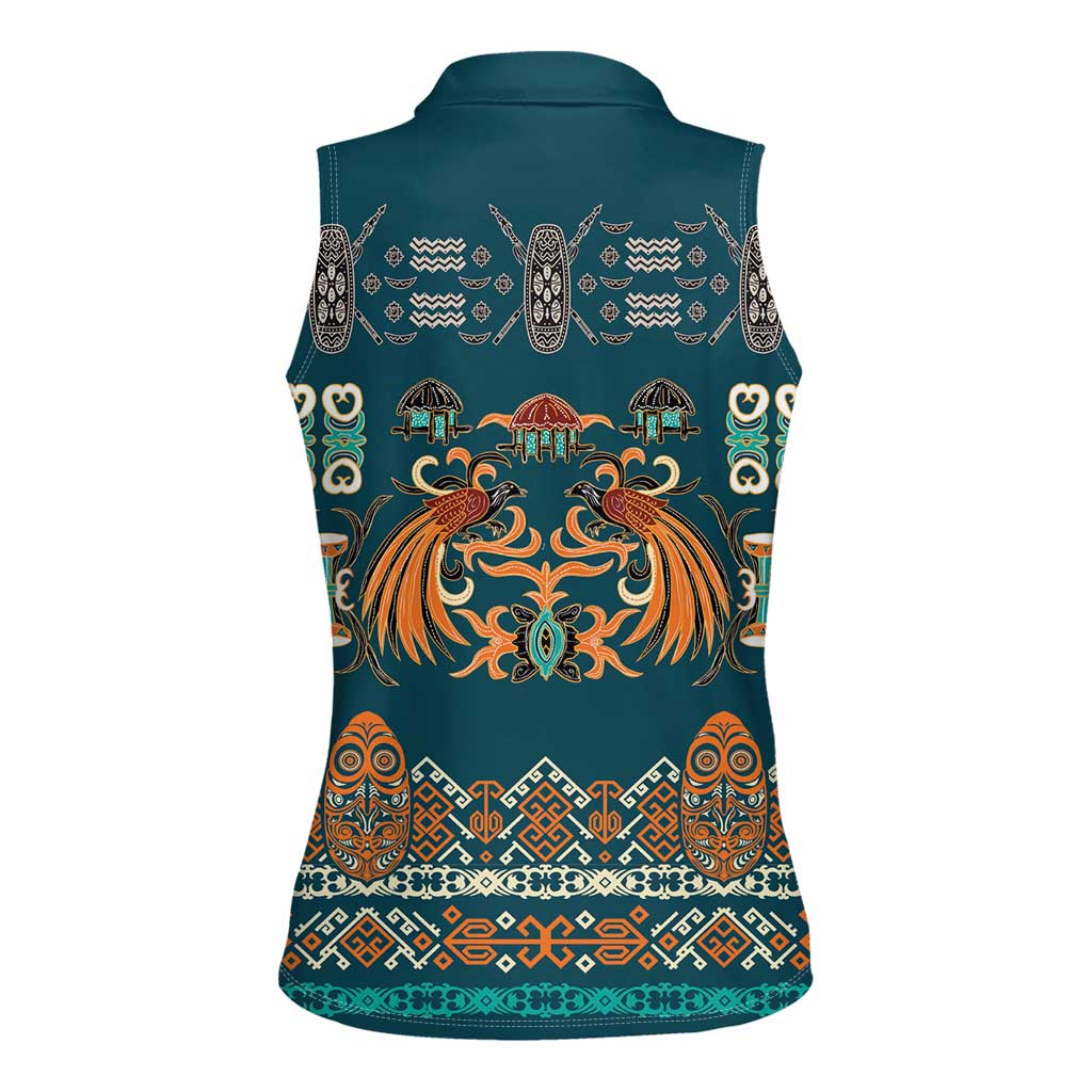 Dark Cyan Blue Batik Papua-inspired Pattern Women Sleeveless Polo Shirt LT9 - Polynesian Pride