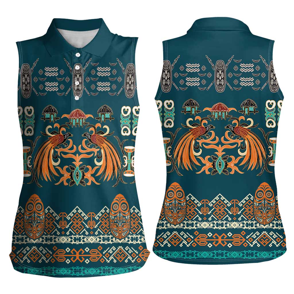 Dark Cyan Blue Batik Papua-inspired Pattern Women Sleeveless Polo Shirt LT9 - Polynesian Pride