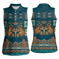Dark Cyan Blue Batik Papua-inspired Pattern Women Sleeveless Polo Shirt LT9 - Polynesian Pride