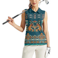 Dark Cyan Blue Batik Papua-inspired Pattern Women Sleeveless Polo Shirt LT9 - Polynesian Pride