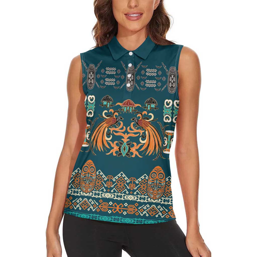 Dark Cyan Blue Batik Papua-inspired Pattern Women Sleeveless Polo Shirt LT9 - Polynesian Pride