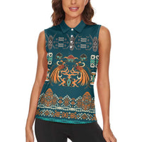 Dark Cyan Blue Batik Papua-inspired Pattern Women Sleeveless Polo Shirt LT9 - Polynesian Pride