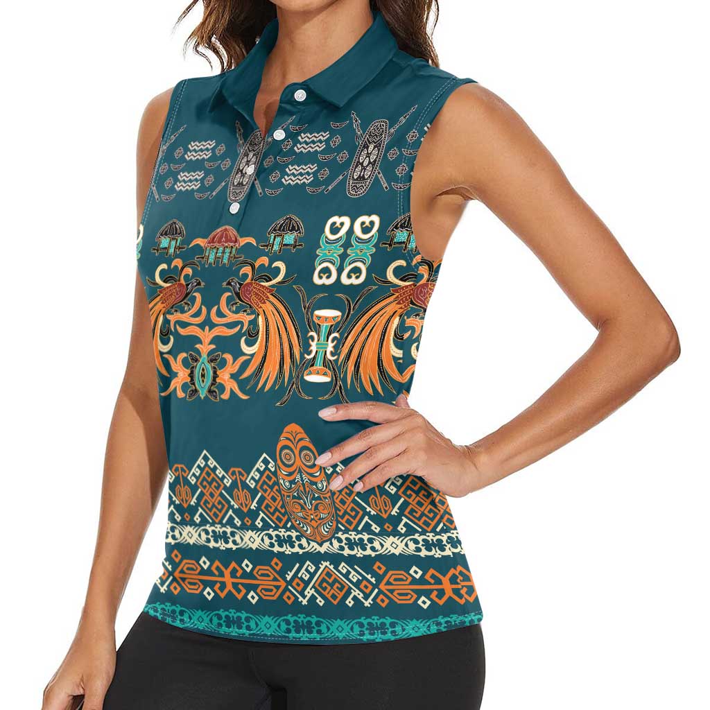 Dark Cyan Blue Batik Papua-inspired Pattern Women Sleeveless Polo Shirt LT9 - Polynesian Pride