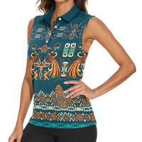 Dark Cyan Blue Batik Papua-inspired Pattern Women Sleeveless Polo Shirt LT9 - Polynesian Pride