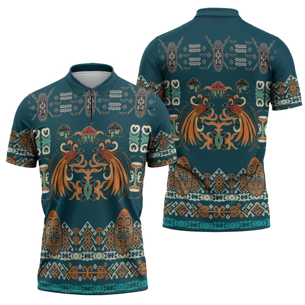 Dark Cyan Blue Batik Papua-inspired Pattern Zipper Polo Shirt - Polynesian Pride