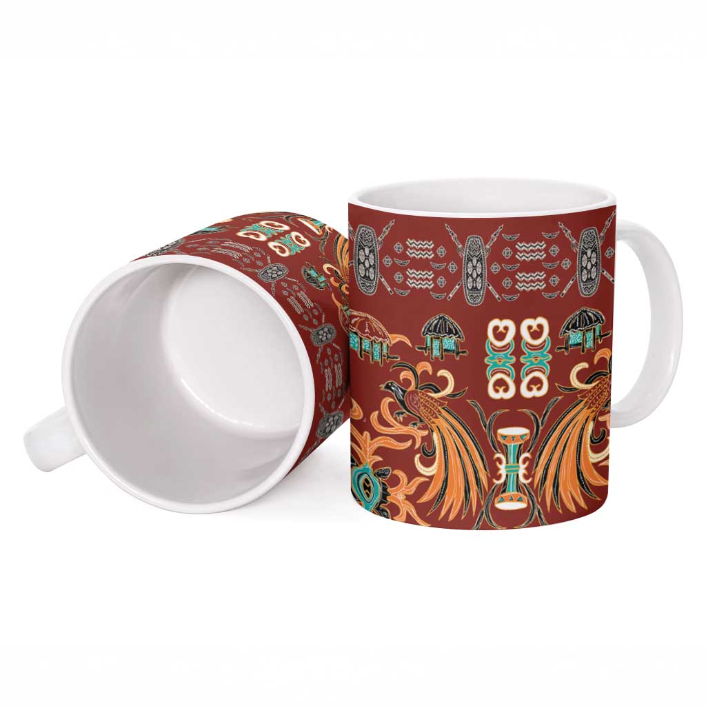 Oxblood Batik Papua-inspired Pattern Ceramic Mug - Polynesian Pride