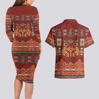 Oxblood Batik Papua-inspired Pattern Couples Matching Long Sleeve Bodycon Dress and Hawaiian Shirt - Polynesian Pride