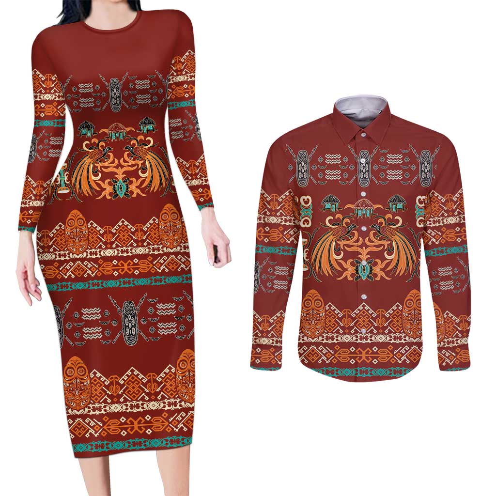 Oxblood Batik Papua-inspired Pattern Couples Matching Long Sleeve Bodycon Dress and Long Sleeve Button Shirt - Polynesian Pride