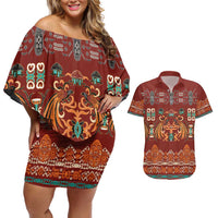 Oxblood Batik Papua-inspired Pattern Couples Matching Off Shoulder Short Dress and Hawaiian Shirt - Polynesian Pride