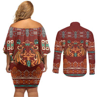 Oxblood Batik Papua-inspired Pattern Couples Matching Off Shoulder Short Dress and Long Sleeve Button Shirt - Polynesian Pride