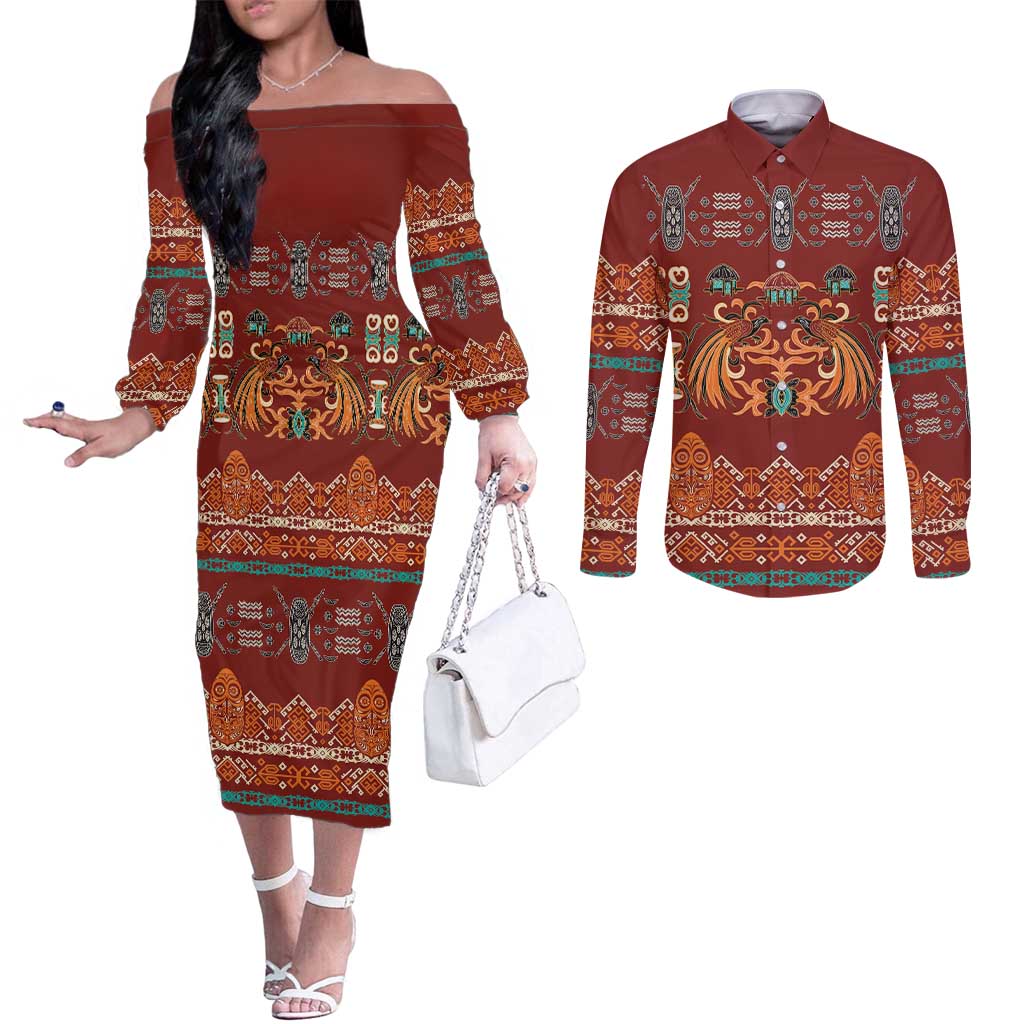 Oxblood Batik Papua-inspired Pattern Couples Matching Off The Shoulder Long Sleeve Dress and Long Sleeve Button Shirt - Polynesian Pride
