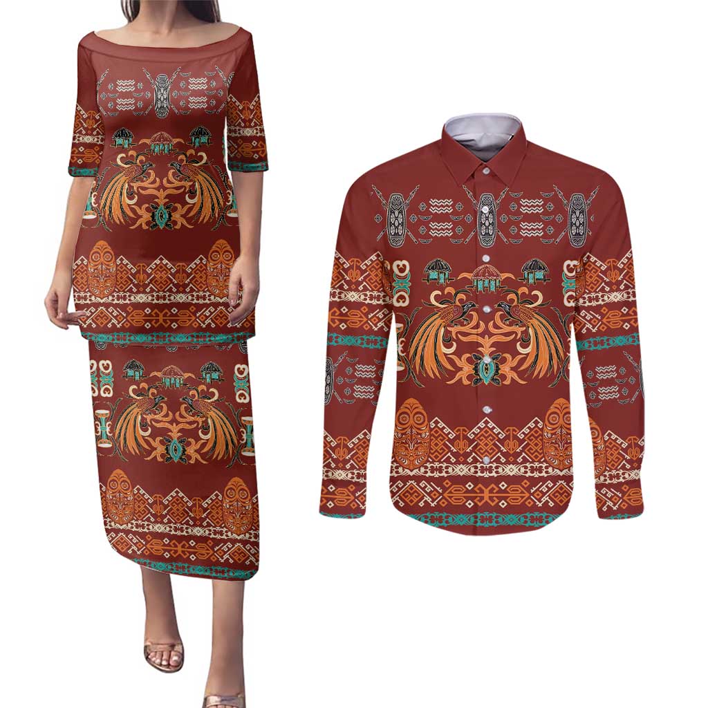 Oxblood Batik Papua-inspired Pattern Couples Matching Puletasi and Long Sleeve Button Shirt - Polynesian Pride