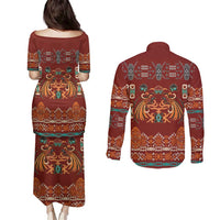 Oxblood Batik Papua-inspired Pattern Couples Matching Puletasi and Long Sleeve Button Shirt - Polynesian Pride