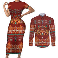 Oxblood Batik Papua-inspired Pattern Couples Matching Short Sleeve Bodycon Dress and Long Sleeve Button Shirt - Polynesian Pride
