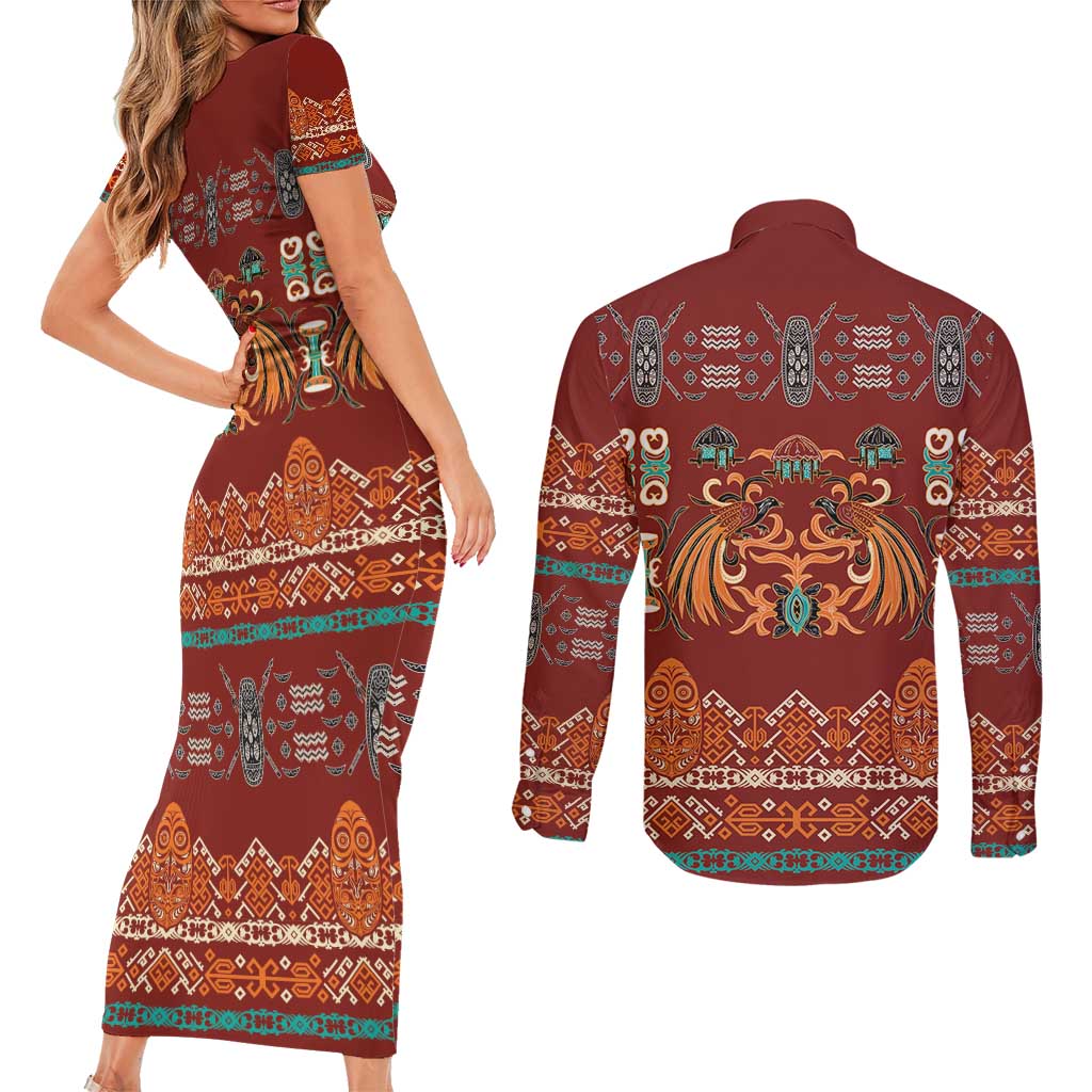 Oxblood Batik Papua-inspired Pattern Couples Matching Short Sleeve Bodycon Dress and Long Sleeve Button Shirt - Polynesian Pride