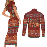 Oxblood Batik Papua-inspired Pattern Couples Matching Short Sleeve Bodycon Dress and Long Sleeve Button Shirt - Polynesian Pride