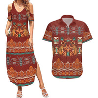 Oxblood Batik Papua-inspired Pattern Couples Matching Summer Maxi Dress and Hawaiian Shirt - Polynesian Pride