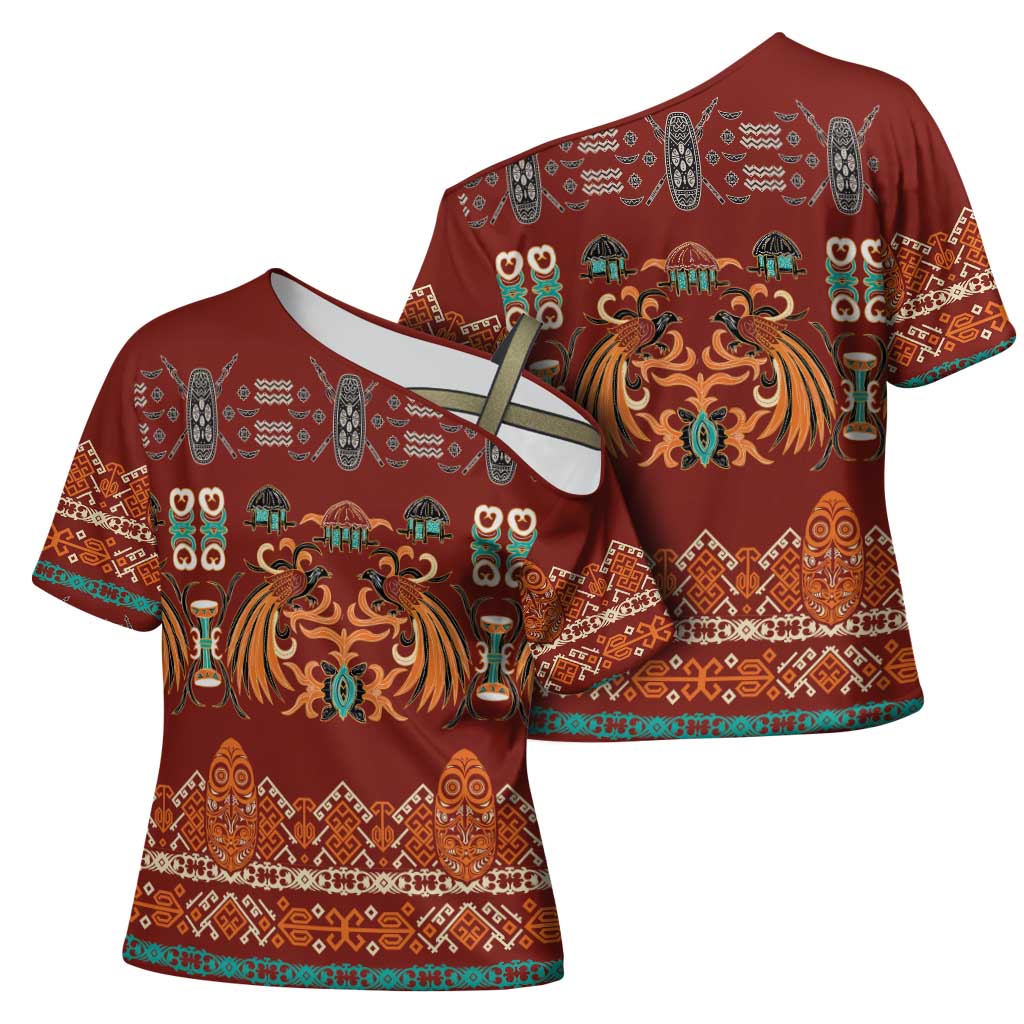 Oxblood Batik Papua-inspired Pattern Cross Shoulder Shirt - Polynesian Pride