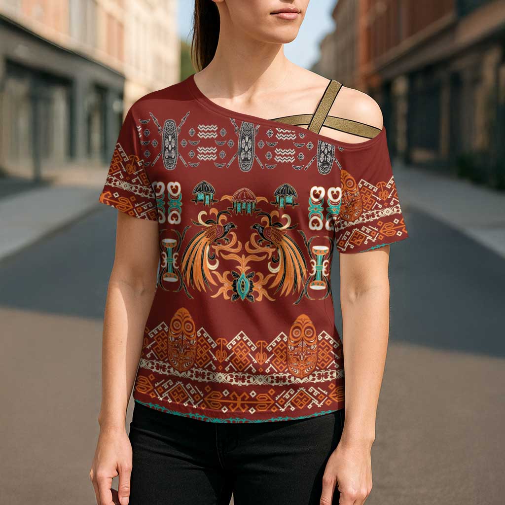 Oxblood Batik Papua-inspired Pattern Cross Shoulder Shirt - Polynesian Pride