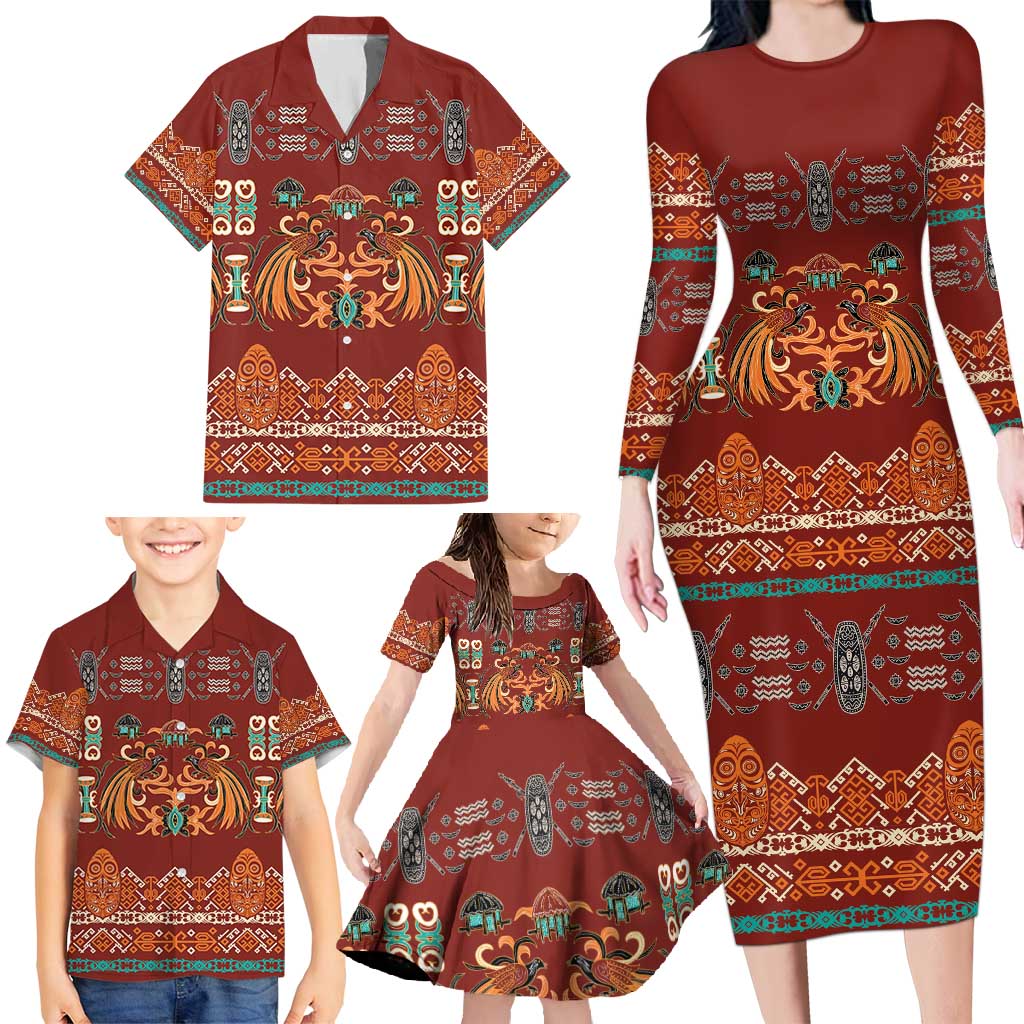 Oxblood Batik Papua-inspired Pattern Family Matching Long Sleeve Bodycon Dress and Hawaiian Shirt - Polynesian Pride