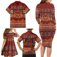 Oxblood Batik Papua-inspired Pattern Family Matching Long Sleeve Bodycon Dress and Hawaiian Shirt - Polynesian Pride