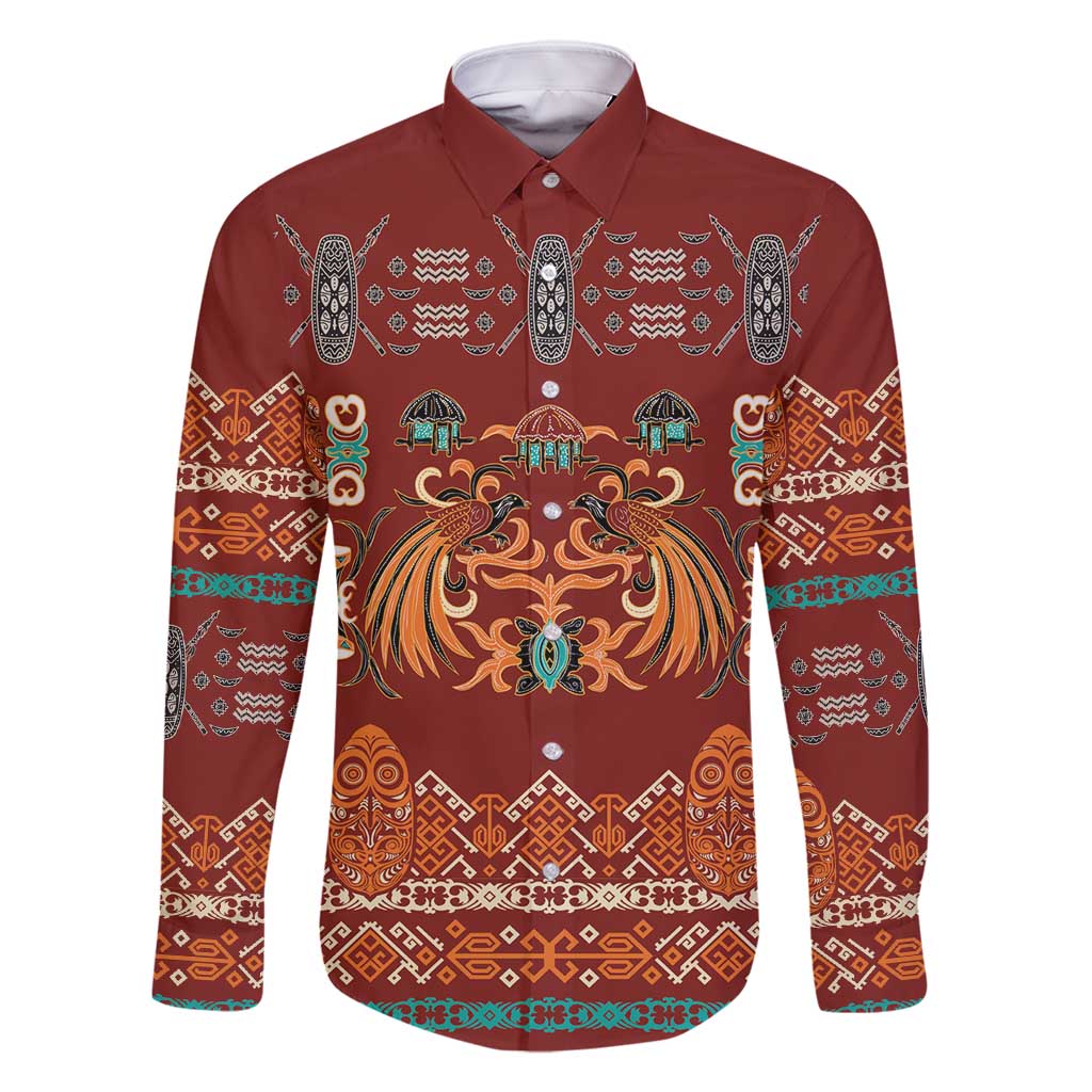 Oxblood Batik Papua-inspired Pattern Family Matching Long Sleeve Bodycon Dress and Hawaiian Shirt - Polynesian Pride