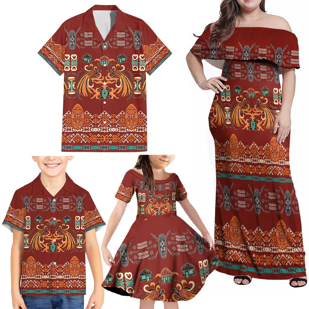 Oxblood Batik Papua-inspired Pattern Family Matching Off Shoulder Maxi Dress and Hawaiian Shirt - Polynesian Pride