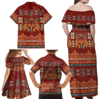 Oxblood Batik Papua-inspired Pattern Family Matching Off Shoulder Maxi Dress and Hawaiian Shirt - Polynesian Pride