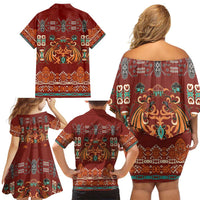 Oxblood Batik Papua-inspired Pattern Family Matching Off Shoulder Short Dress and Hawaiian Shirt - Polynesian Pride