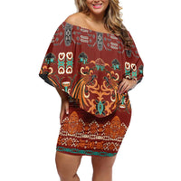 Oxblood Batik Papua-inspired Pattern Family Matching Off Shoulder Short Dress and Hawaiian Shirt - Polynesian Pride