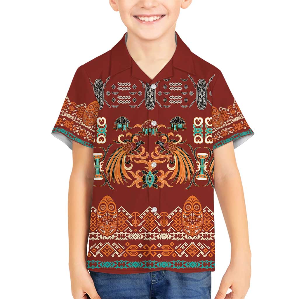 Oxblood Batik Papua-inspired Pattern Family Matching Off Shoulder Short Dress and Hawaiian Shirt - Polynesian Pride