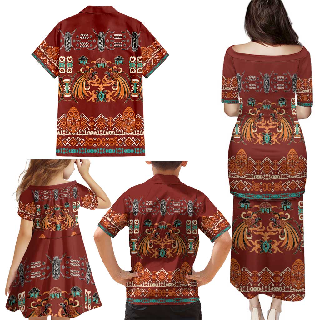 Oxblood Batik Papua-inspired Pattern Family Matching Puletasi and Hawaiian Shirt - Polynesian Pride
