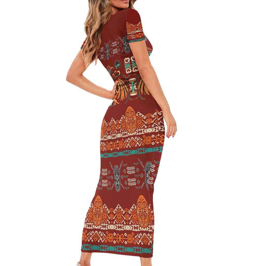Oxblood Batik Papua-inspired Pattern Family Matching Short Sleeve Bodycon Dress and Hawaiian Shirt - Polynesian Pride