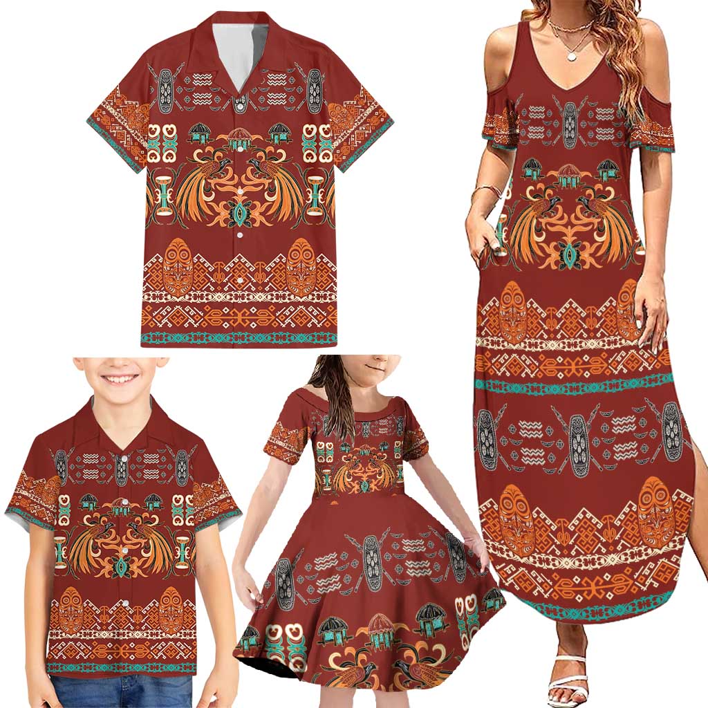 Oxblood Batik Papua-inspired Pattern Family Matching Summer Maxi Dress and Hawaiian Shirt - Polynesian Pride