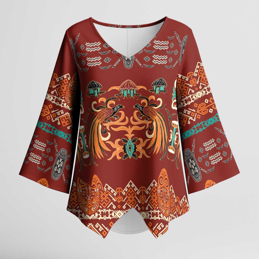 Oxblood Batik Papua-inspired Pattern Kimono Sleeve Blouse - Polynesian Pride