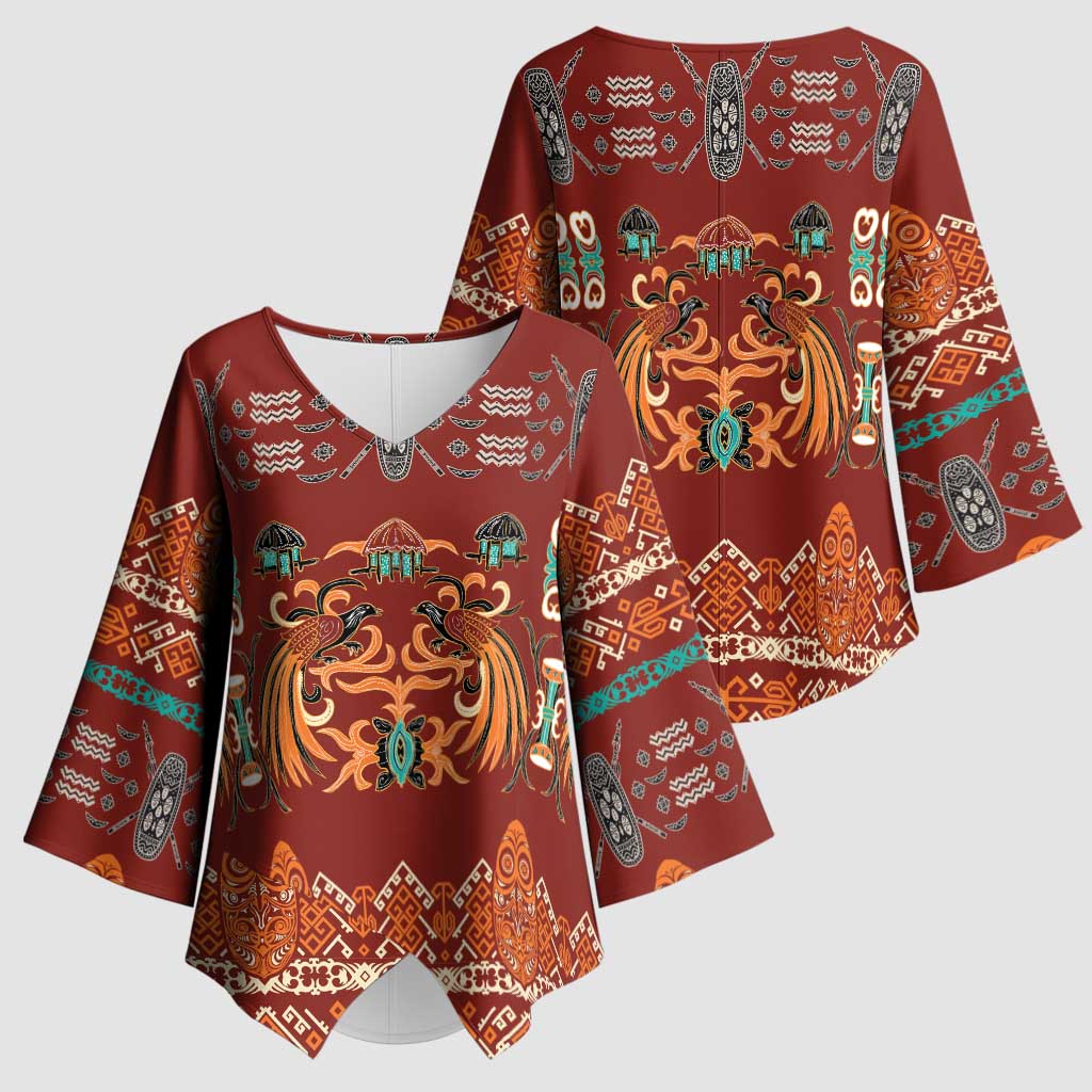 Oxblood Batik Papua-inspired Pattern Kimono Sleeve Blouse - Polynesian Pride