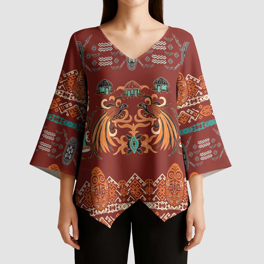 Oxblood Batik Papua-inspired Pattern Kimono Sleeve Blouse - Polynesian Pride