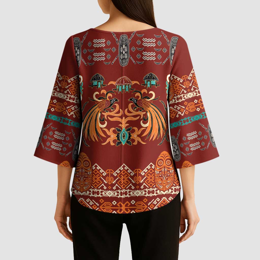 Oxblood Batik Papua-inspired Pattern Kimono Sleeve Blouse - Polynesian Pride