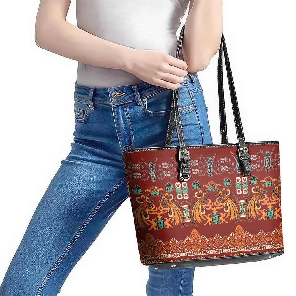 Oxblood Batik Papua-inspired Pattern Leather Tote Bag - Polynesian Pride