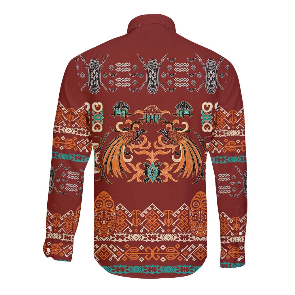 Oxblood Batik Papua-inspired Pattern Long Sleeve Button Shirt - Polynesian Pride